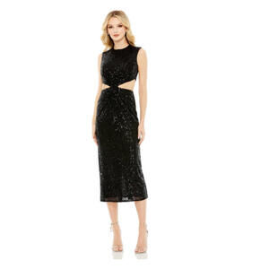 NWT Ieena for Mac Duggal Black Sequin Front Twist Cut Out Sheath Dress Size 8